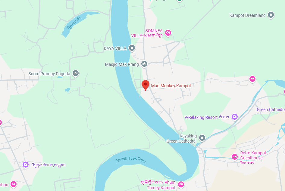 Map showing J52M+873, Riverside Road, Kampot, Cambodia