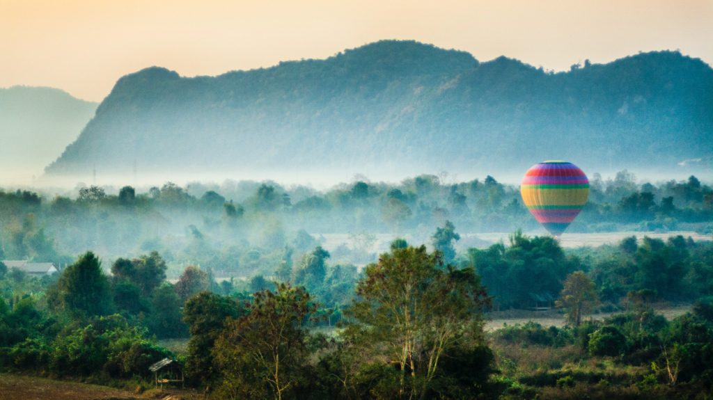 Landscape of Vang Vieng with Hot Air Balloon